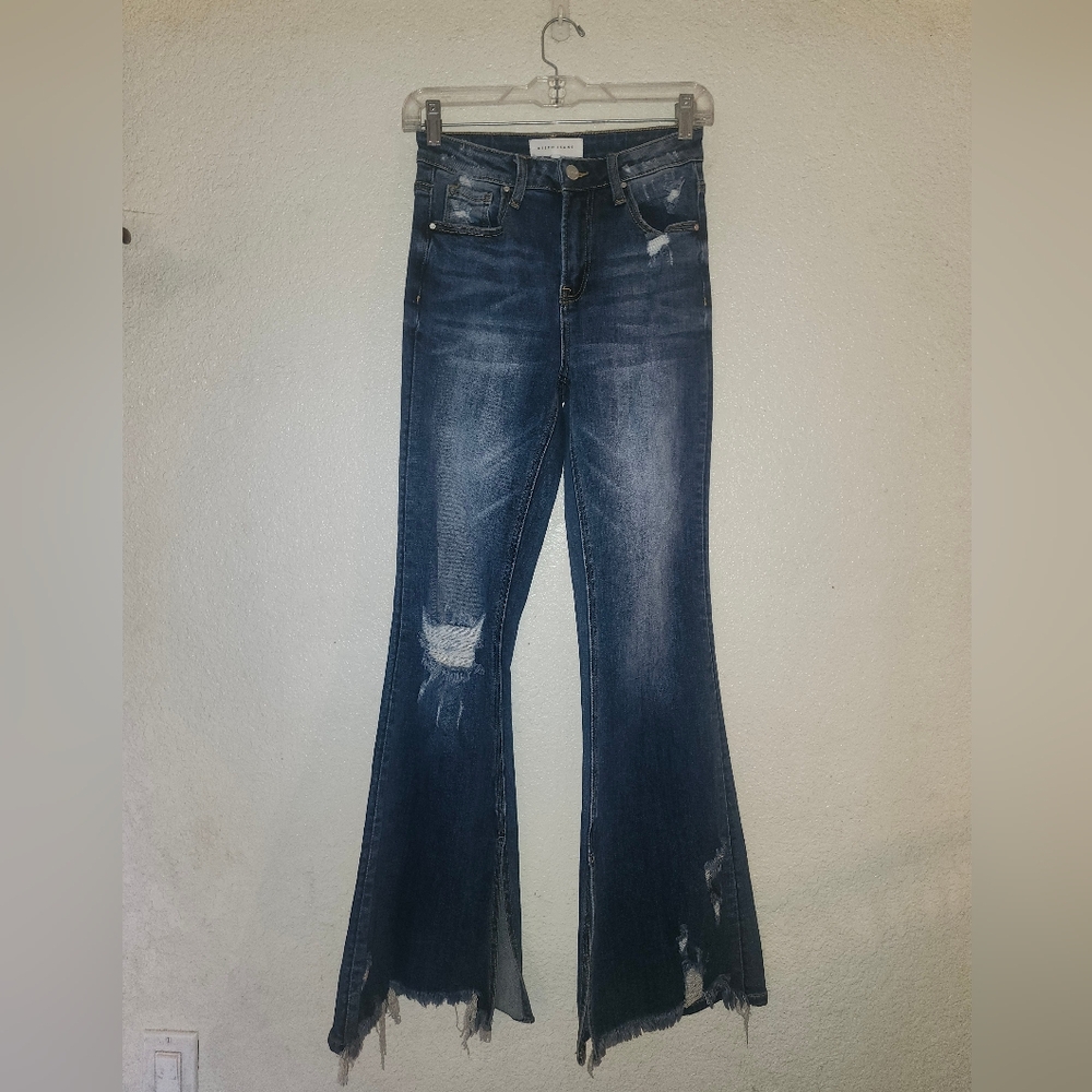 👖NWOT Risen "Vent High Rise Split Flare Jeans w/Distressing" Dark Denim Sz 3/26 - Picture 5 of 14
